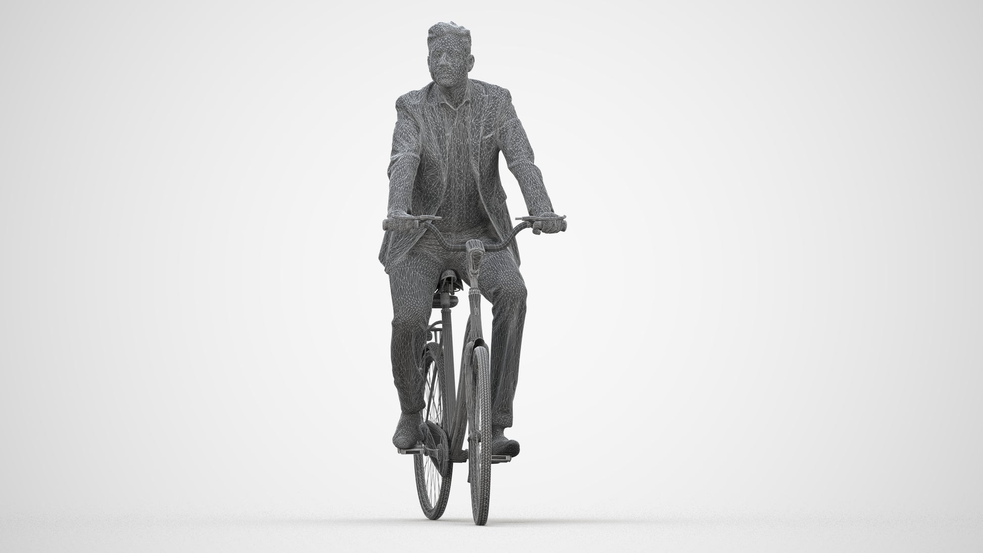 photogrammetry 3D man business cycling, realistic human model archviz FBX, wireframe back view