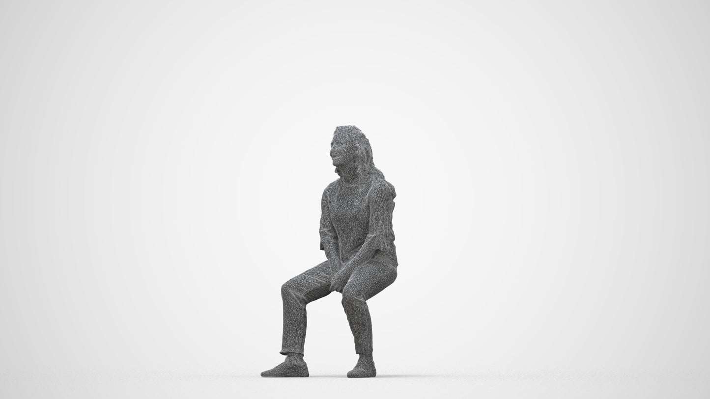 3D people model woman casual sitting, scanned human for 3ds Max rendering, wireframe back view