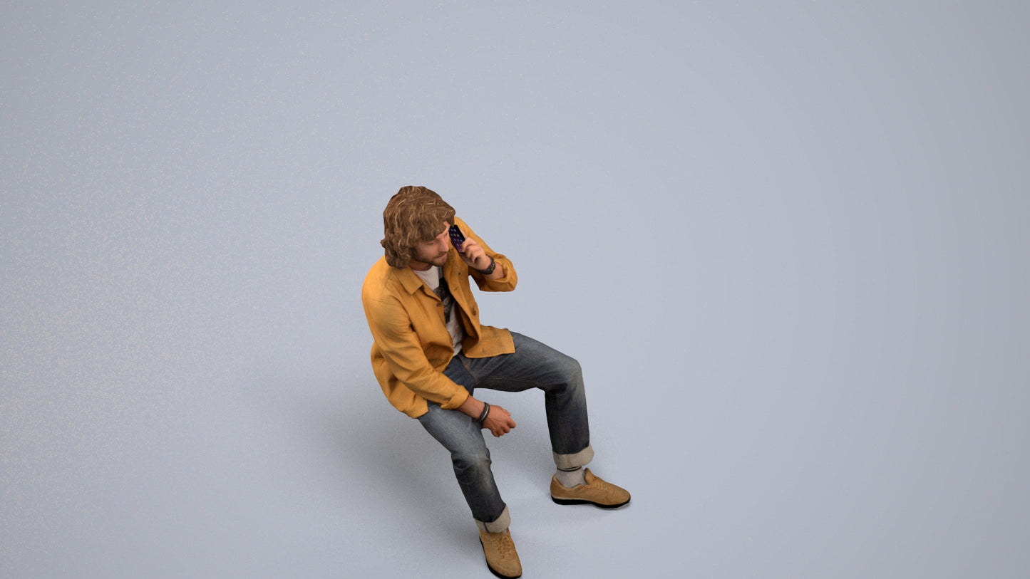 3D human model man casual sitting, photogrammetry scanned person for archviz, back view render