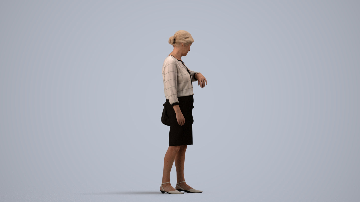 3D scanned senior woman standing business, photorealistic archviz people for Enscape and SketchUp, side view render