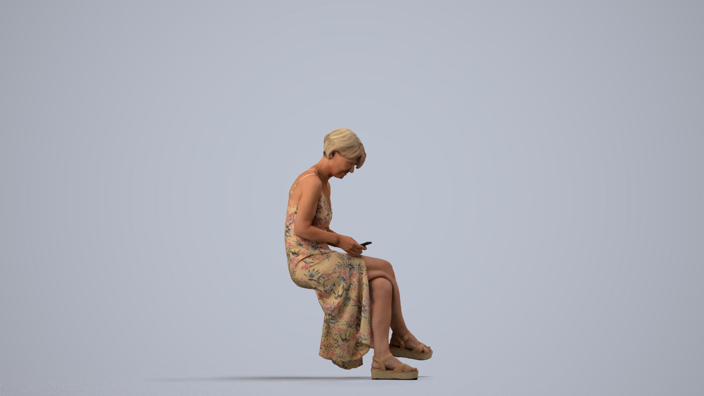 photogrammetry 3D senior woman sitting, realistic human model archviz FBX, side view render