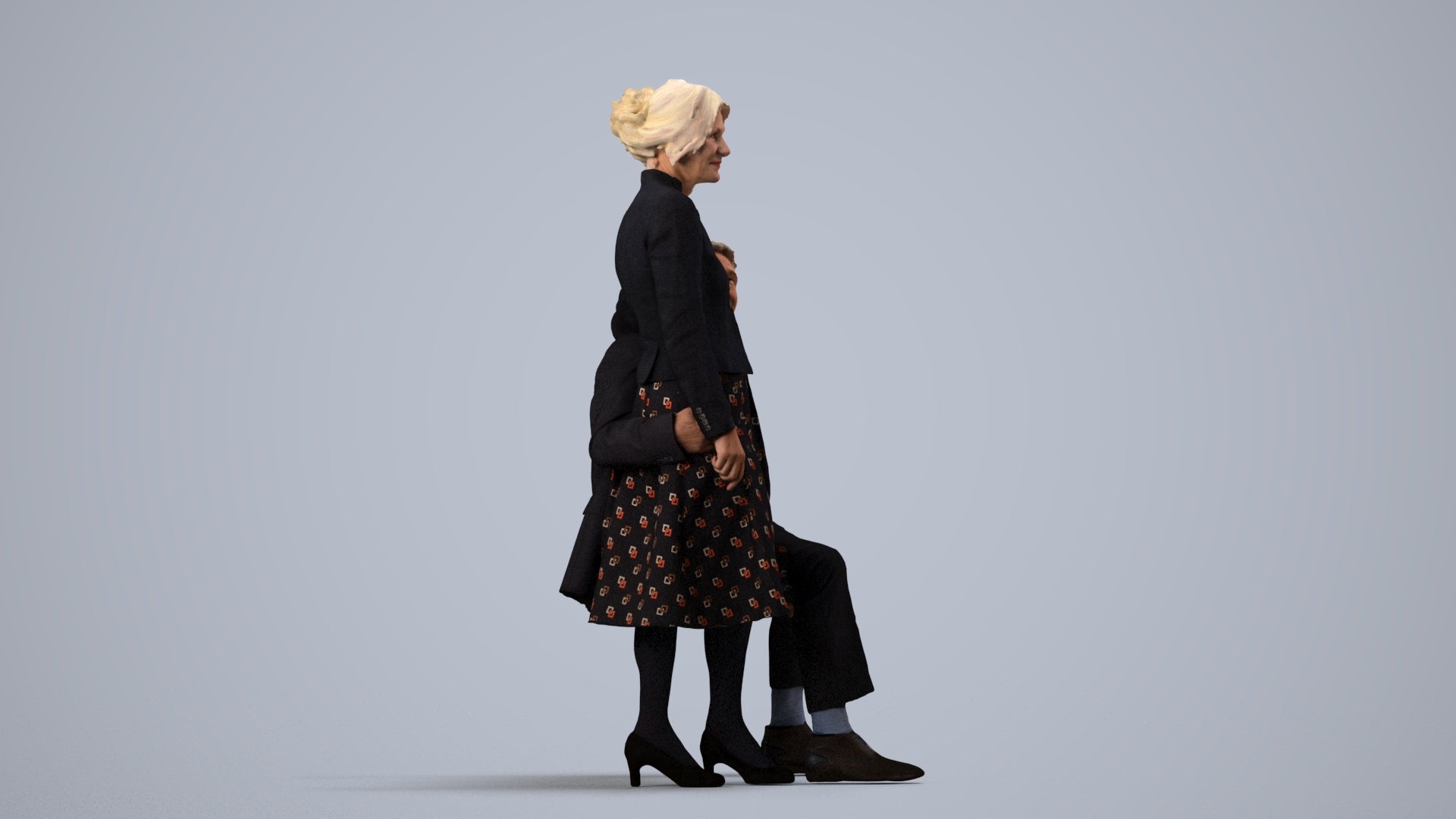 realistic 3D human senior woman formal couple, archviz people FBX OBJ for Blender, side view render