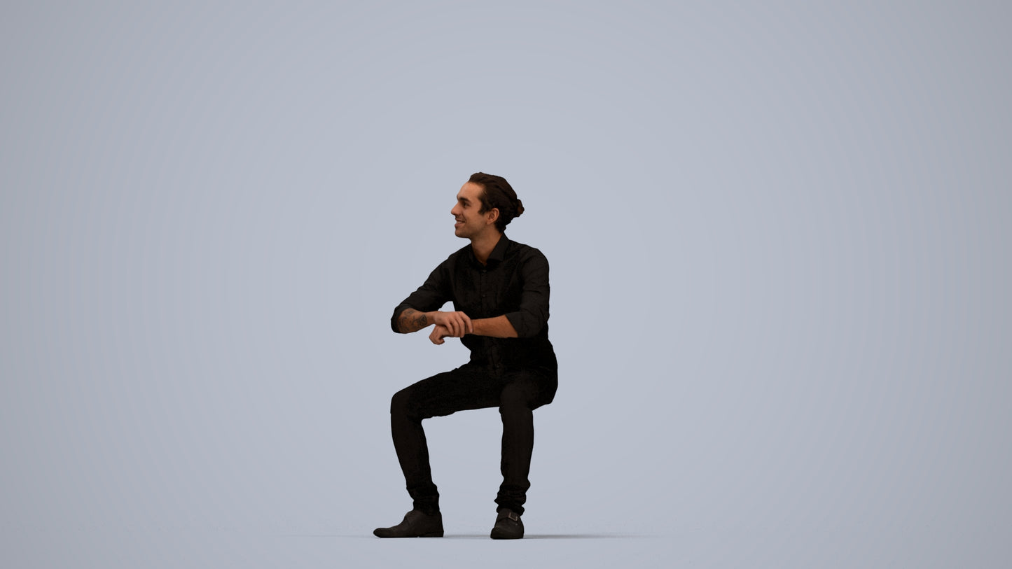 3D human model man casual sitting, photogrammetry scanned person for archviz, top-down view render