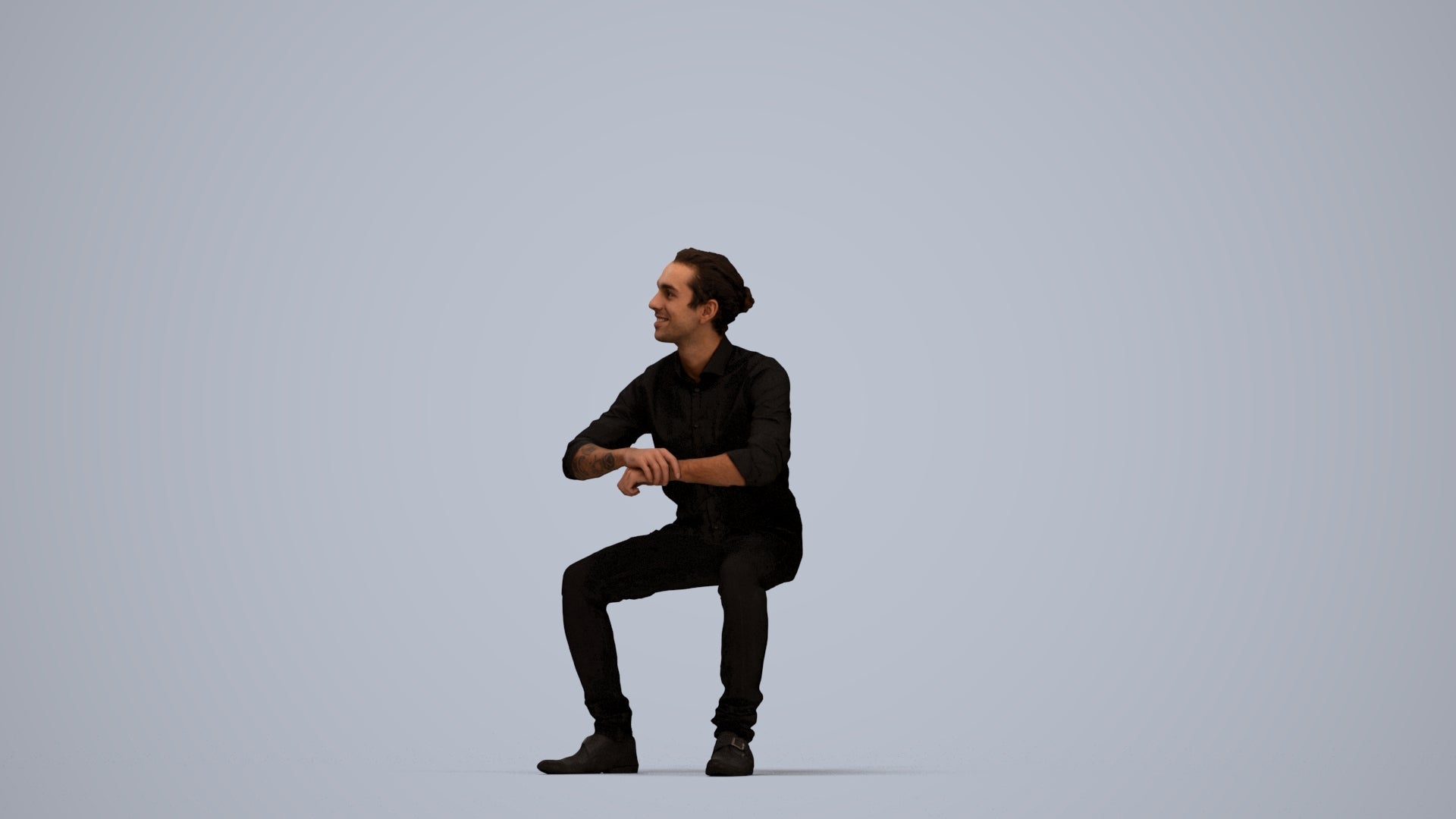 3D human model man casual sitting, photogrammetry scanned person for archviz, top-down view render