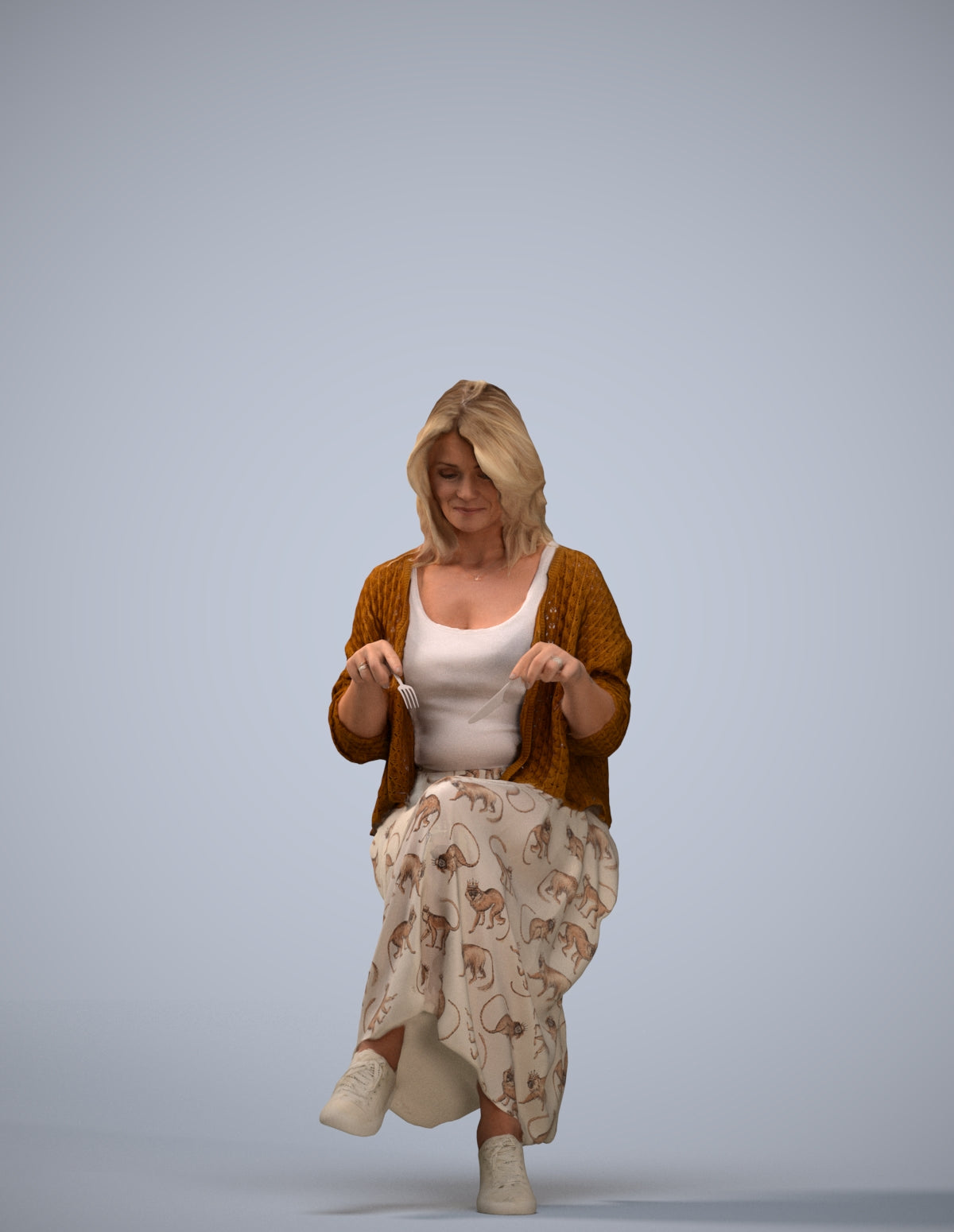 3D scanned woman sitting casual, photorealistic archviz people for Enscape and SketchUp