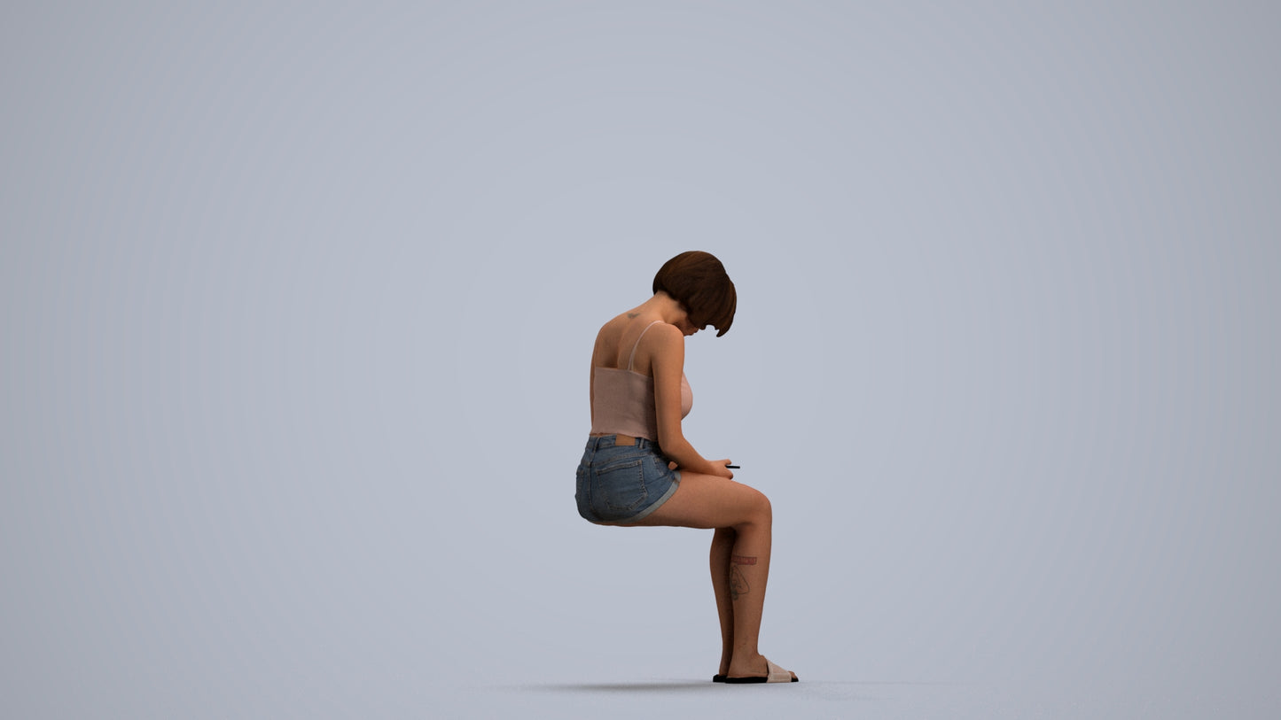 realistic 3D woman casual sitting, scanned archviz people for Blender and 3ds Max, front view render