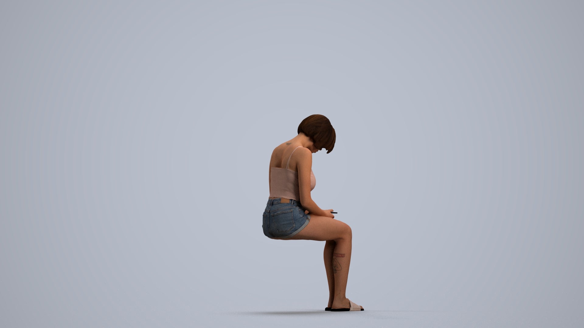 realistic 3D woman casual sitting, scanned archviz people for Blender and 3ds Max, front view render