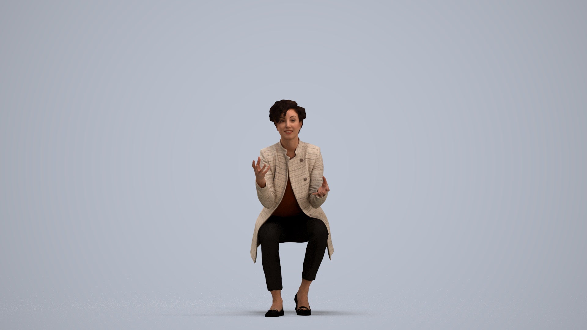 realistic 3D woman business sitting, scanned archviz people for Blender and 3ds Max, standing pose render