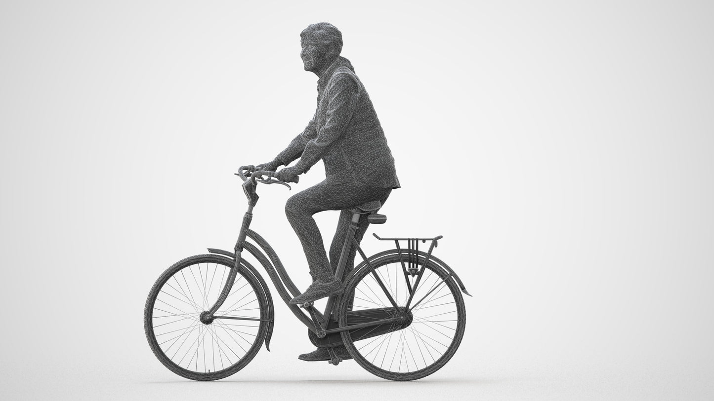 3D human model senior woman casual cycling, photogrammetry scanned person for archviz, square thumbnail