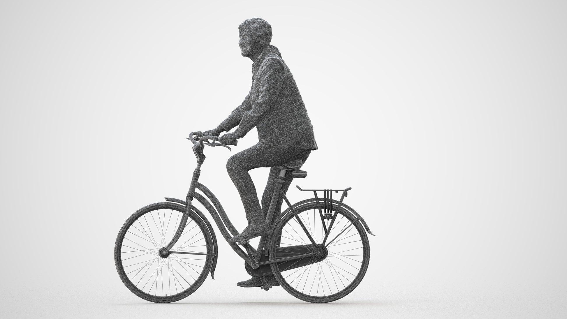 3D human model senior woman casual cycling, photogrammetry scanned person for archviz, square thumbnail
