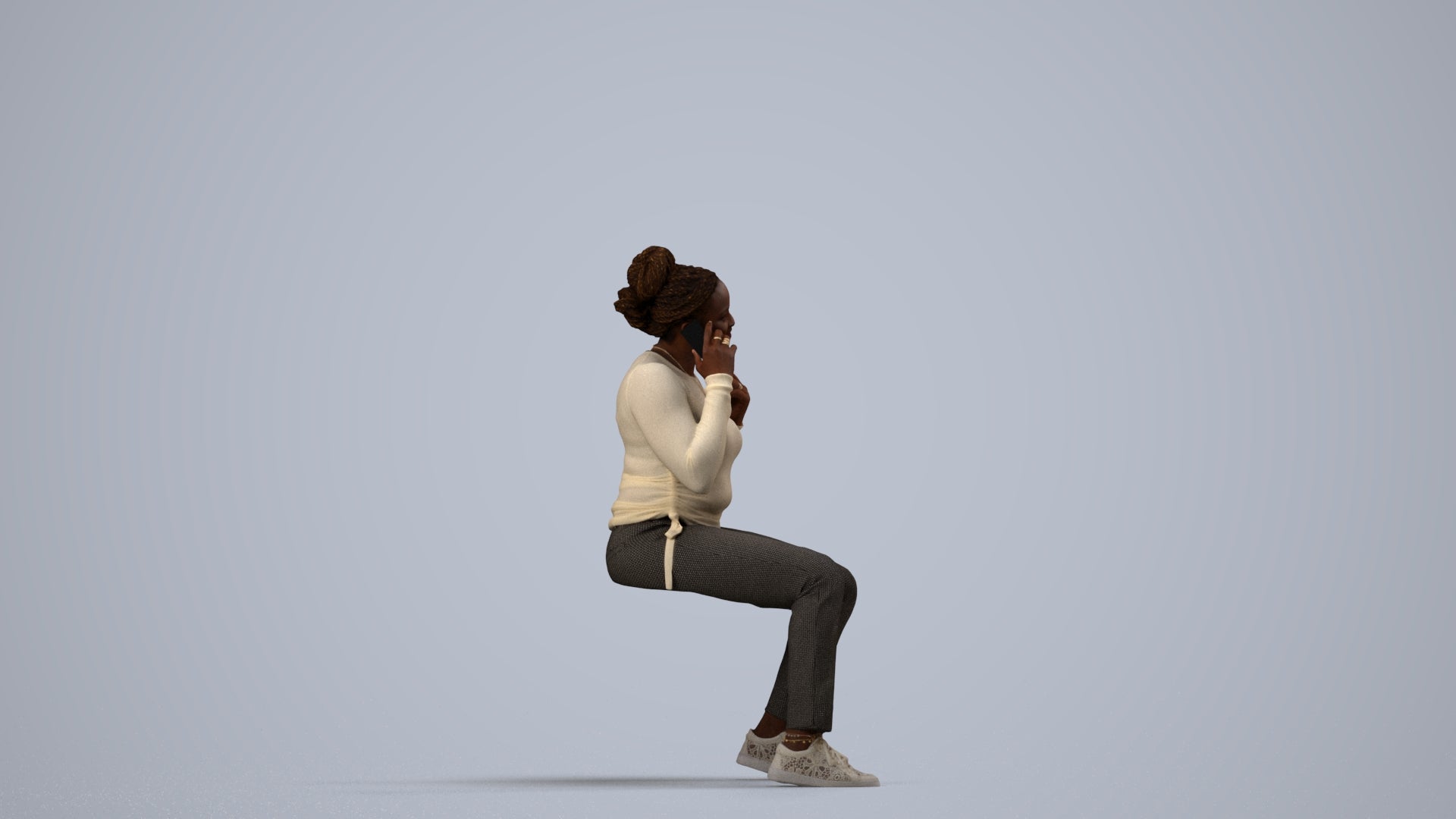 scanned 3D woman casual sitting, photogrammetry people for Enscape and V-Ray, side view render