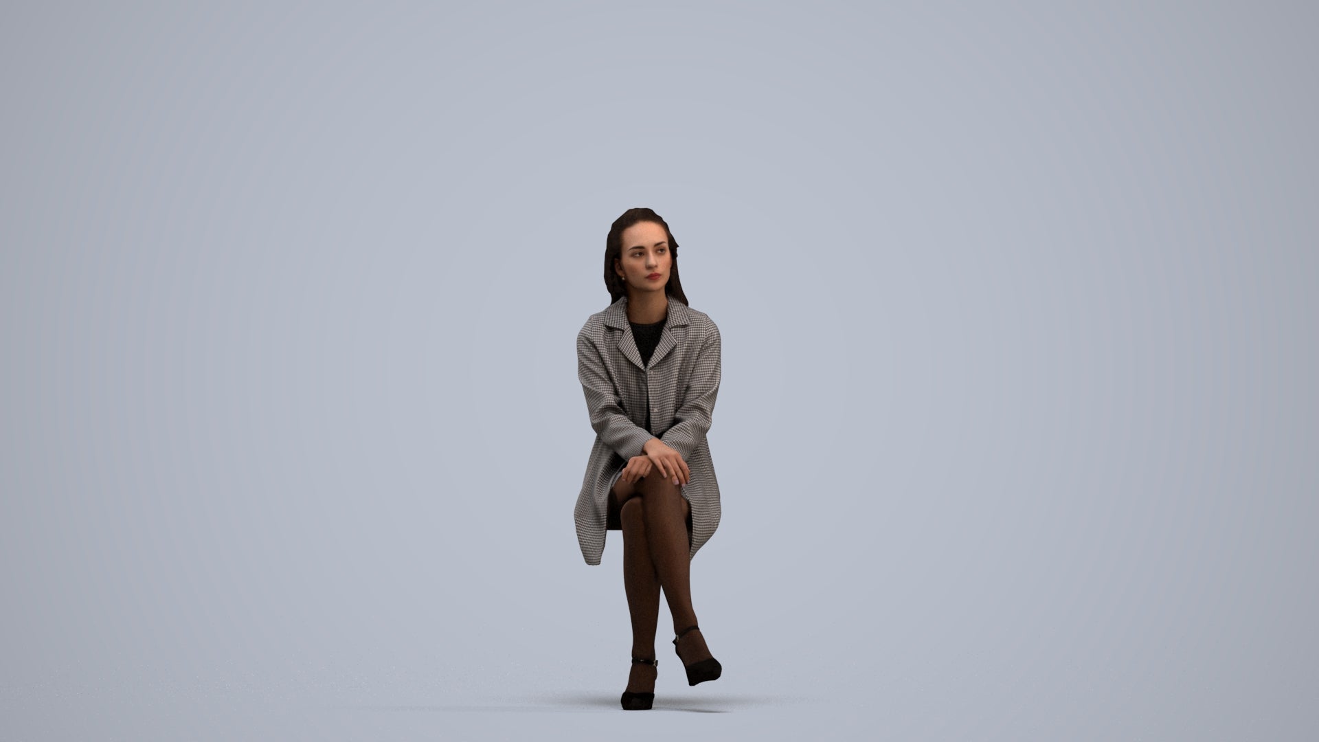 photogrammetry 3D woman business sitting, realistic human model archviz FBX, standing pose render
