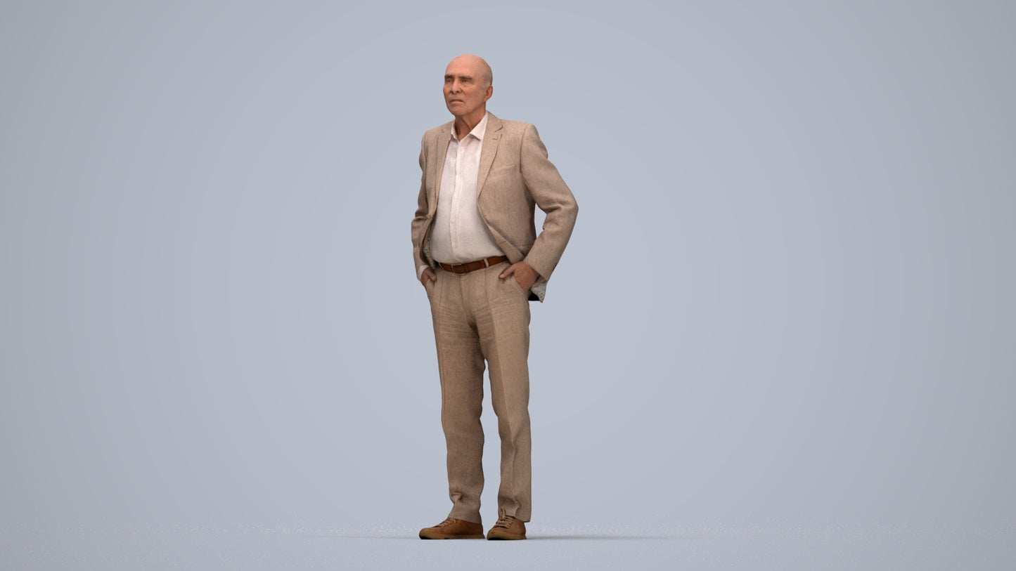 scanned 3D senior man business standing, photogrammetry people for Enscape and V-Ray, top-down view render