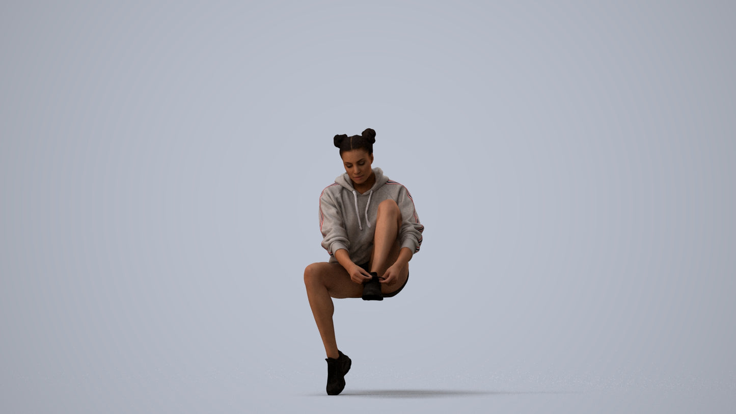 3D people model woman casual sitting, scanned human for 3ds Max rendering, three-quarter view render