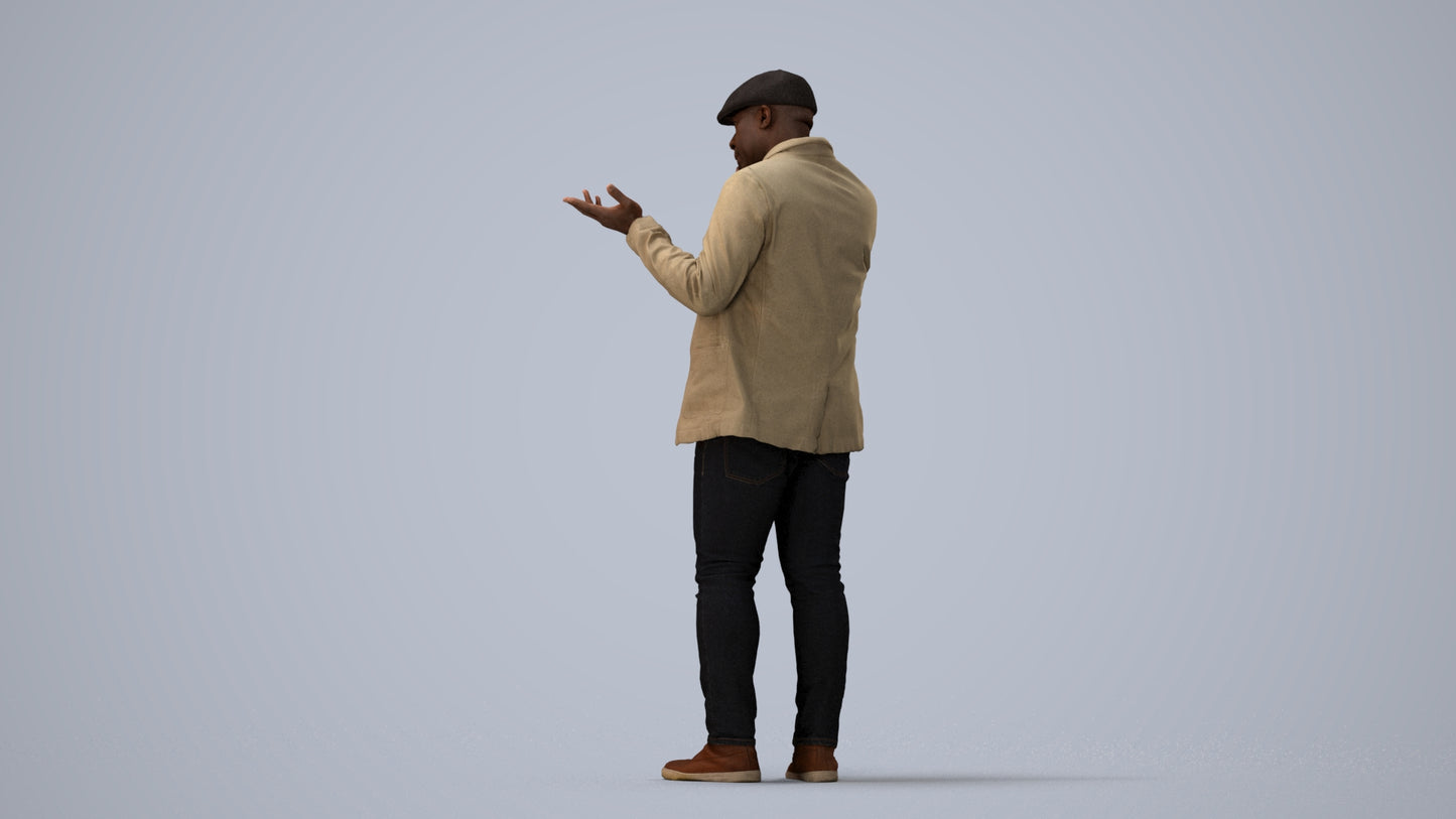 3D human model man casual standing, photogrammetry scanned person for archviz, three-quarter view render