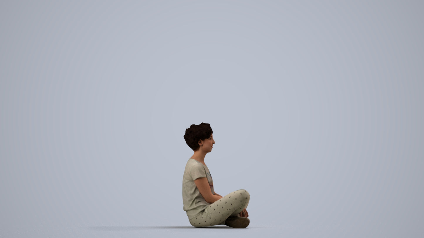 realistic 3D woman sitting, scanned archviz people for Blender and 3ds Max, side view render