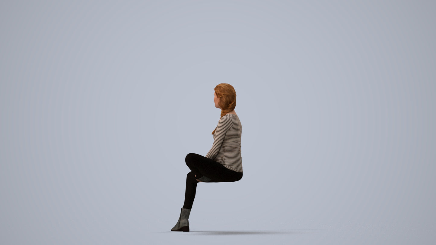 realistic 3D woman casual sitting, scanned archviz people for Blender and 3ds Max, three-quarter view render