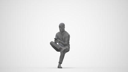 3D scanned man sitting casual, photorealistic archviz people for Enscape and SketchUp, wireframe back view