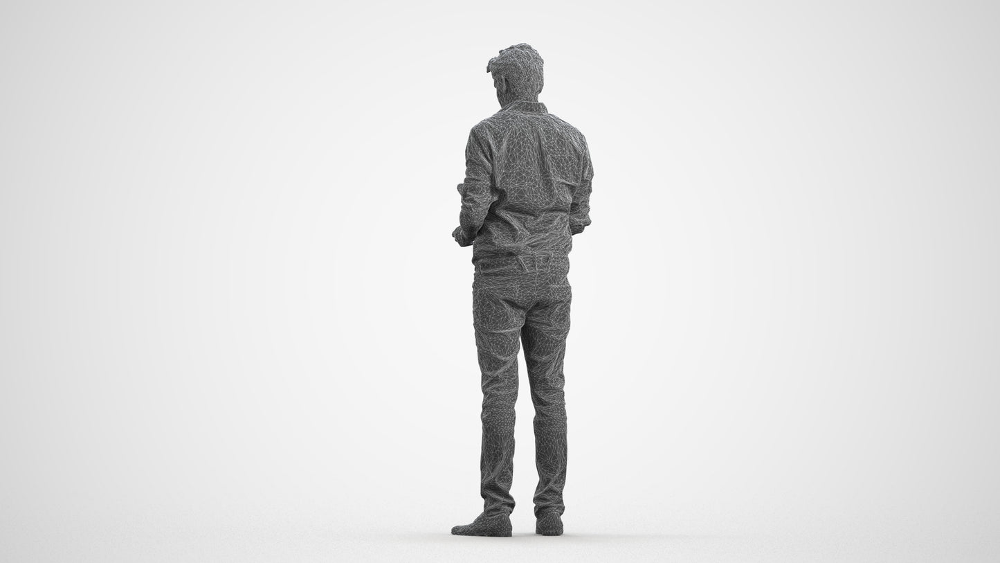3D scanned man standing casual, photorealistic archviz people for Enscape and SketchUp, wireframe front view