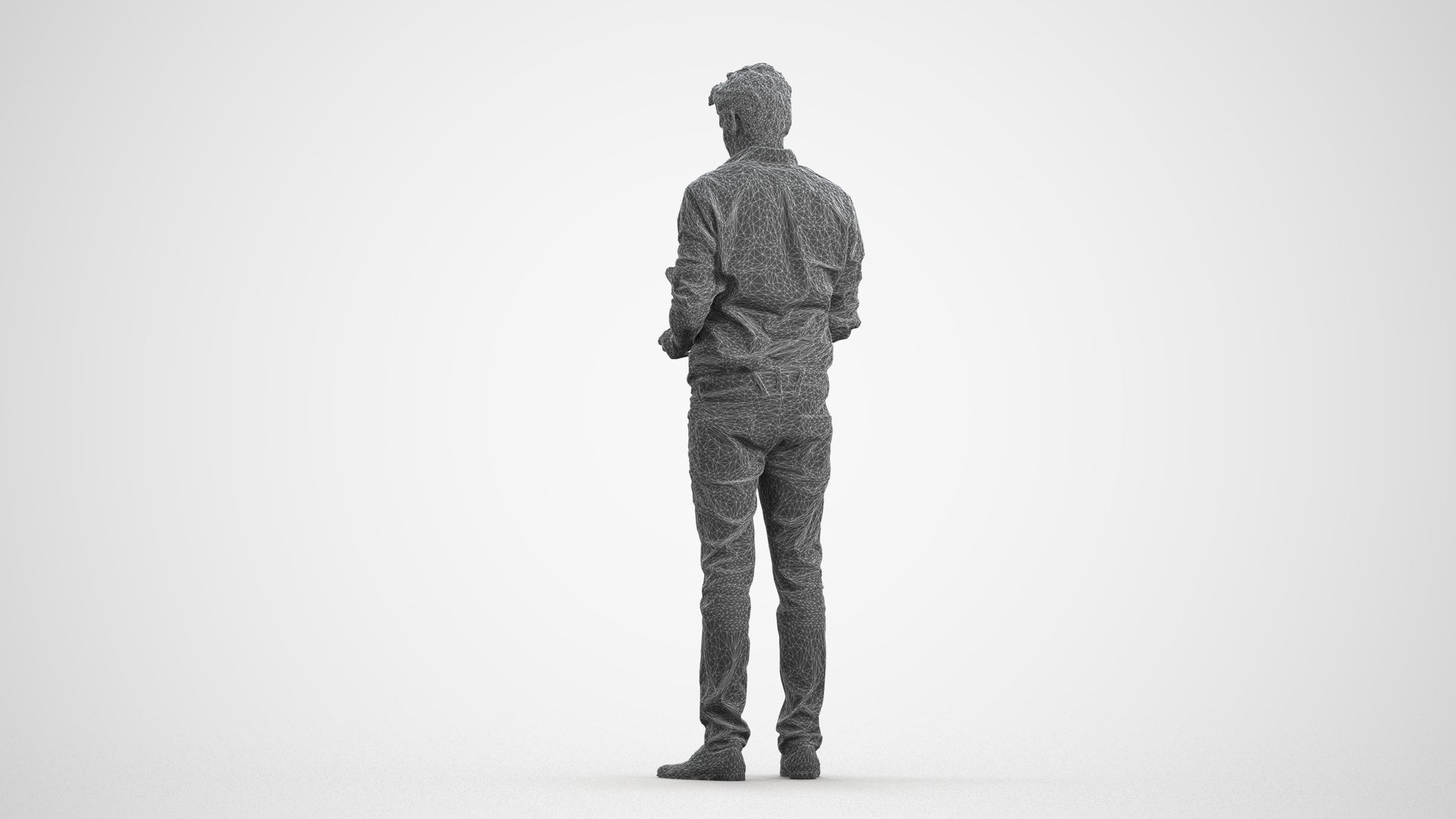 3D scanned man standing casual, photorealistic archviz people for Enscape and SketchUp, wireframe front view