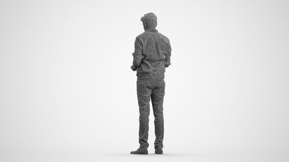 3D scanned man standing casual, photorealistic archviz people for Enscape and SketchUp, wireframe front view