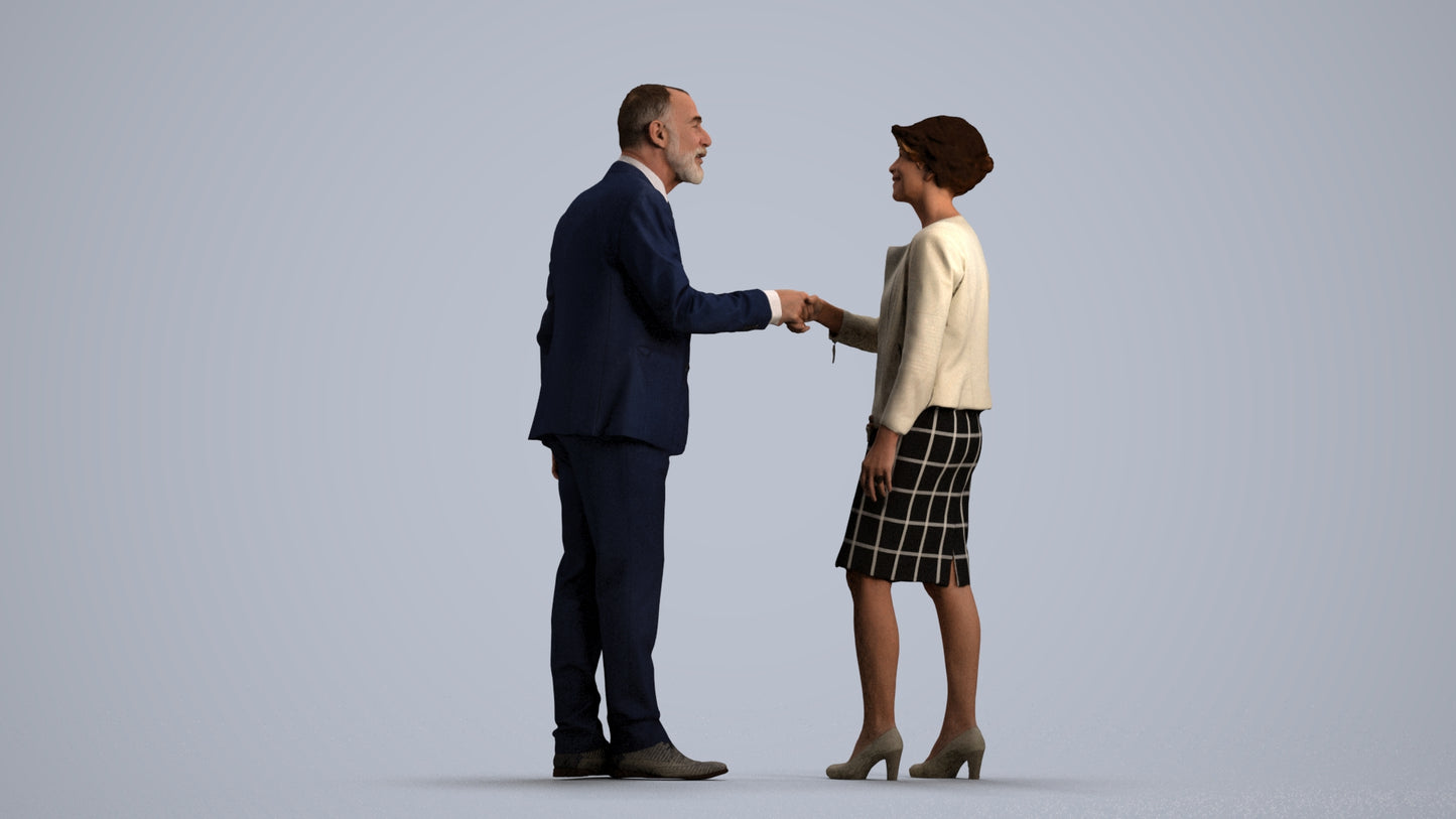 3D human model senior woman business, photogrammetry scanned person for archviz, front view render