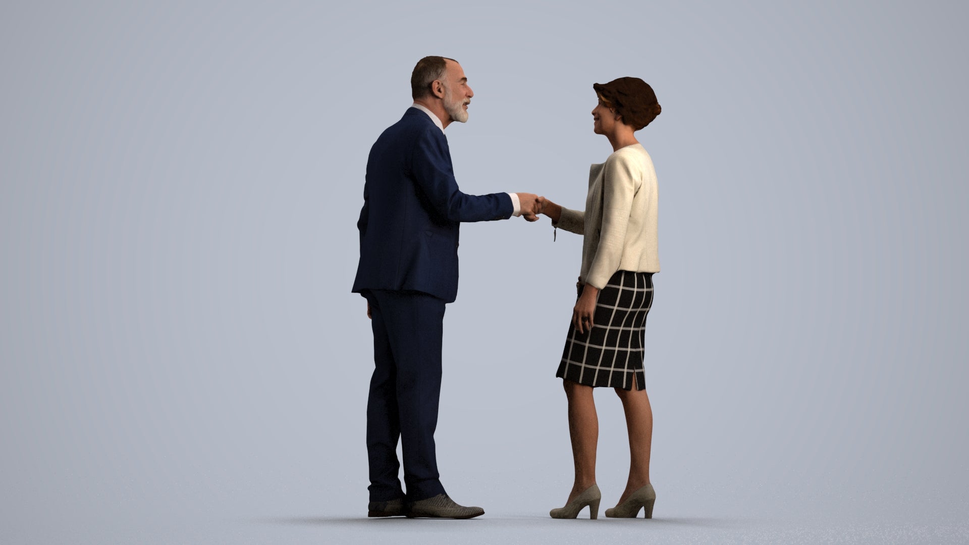 3D human model senior woman business, photogrammetry scanned person for archviz, front view render