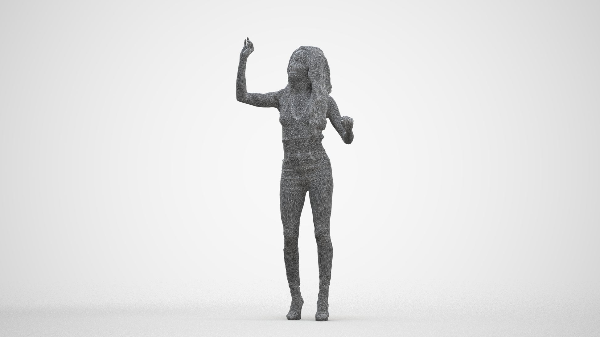 3D human model woman casual standing, photogrammetry scanned person for archviz, three-quarter front view render