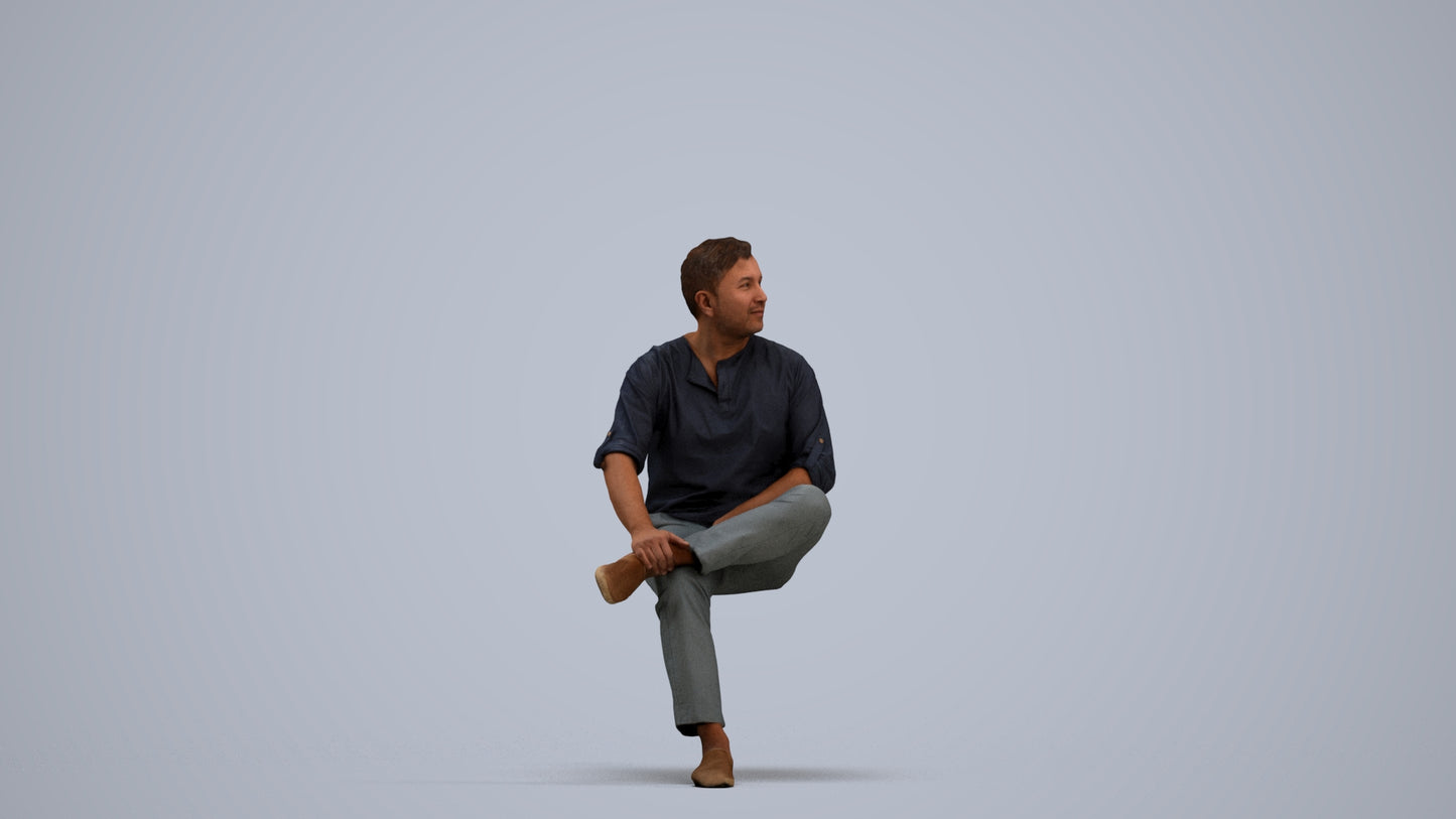 photogrammetry 3D man casual sitting, realistic human model archviz FBX, standing pose render