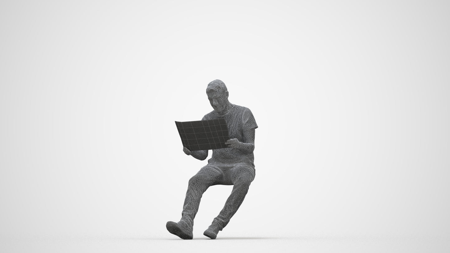 realistic 3D people senior man casual sitting, render-ready for V-Ray and Corona, FBX OBJ, wireframe back view