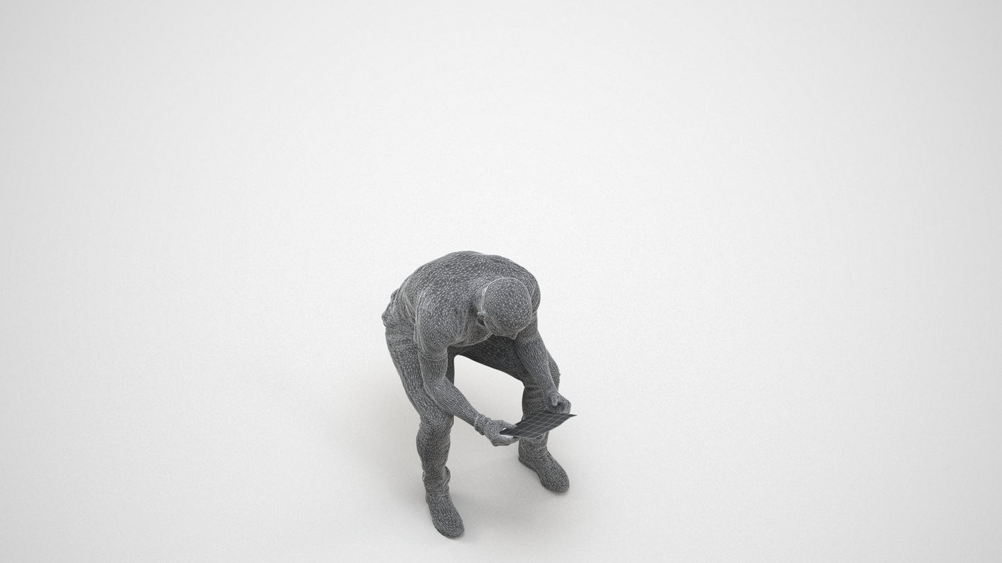 realistic 3D human man casual sitting, archviz people FBX OBJ for Blender, wireframe three-quarter view