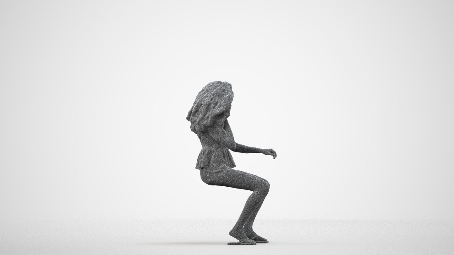 scanned 3D woman casual sitting, photogrammetry people for Enscape and V-Ray, wireframe side view