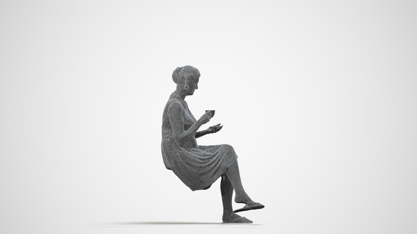 3D scanned woman sitting casual, photorealistic archviz people for Enscape and SketchUp, wireframe side view