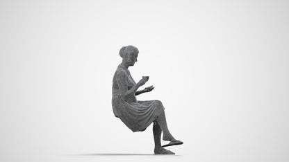 3D scanned woman sitting casual, photorealistic archviz people for Enscape and SketchUp, wireframe side view