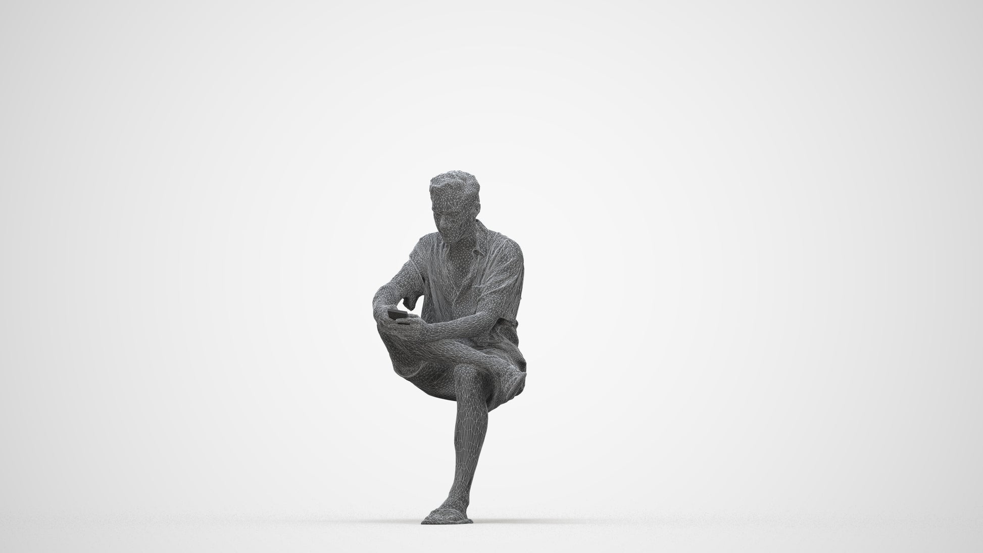 realistic 3D man casual sitting, scanned archviz people for Blender and 3ds Max, wireframe back view
