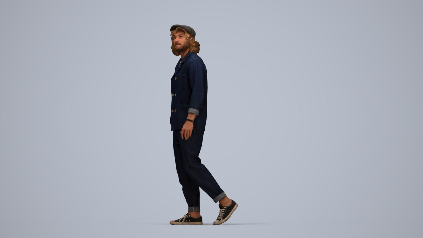 3D human model man casual walking, photogrammetry scanned person for archviz, top-down view render