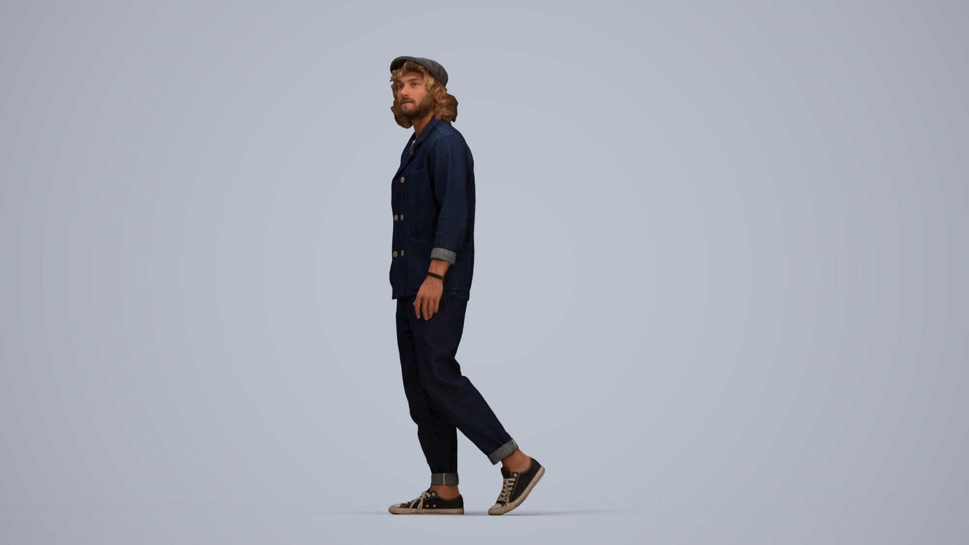 3D human model man casual walking, photogrammetry scanned person for archviz, top-down view render