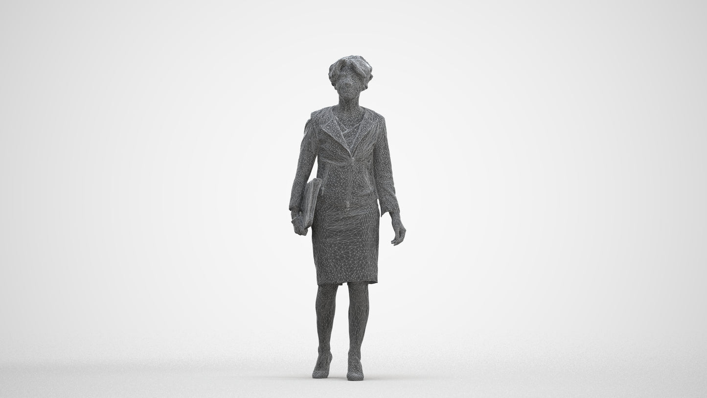 3D scanned woman walking business, photorealistic archviz people for Enscape and SketchUp, three-quarter front view render