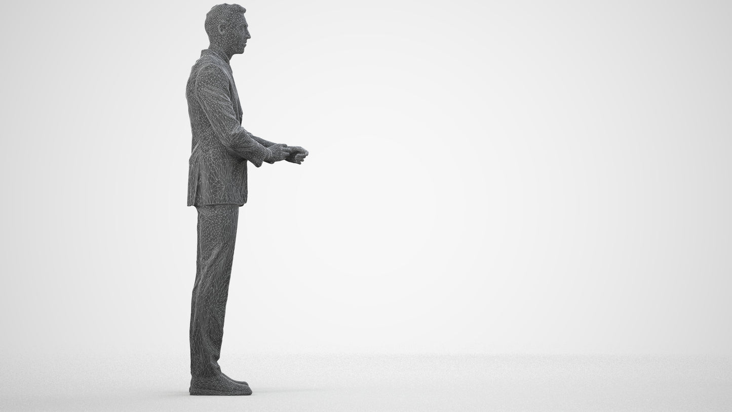 3D human model man business, photogrammetry scanned person for archviz, wireframe side view