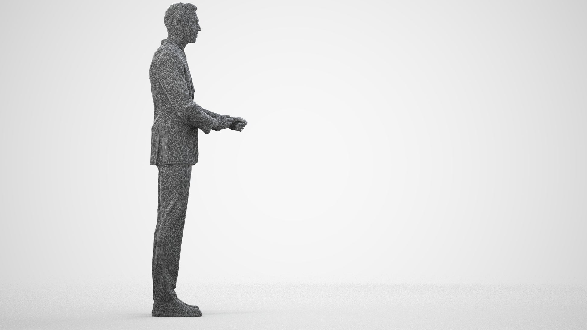 3D human model man business, photogrammetry scanned person for archviz, wireframe side view