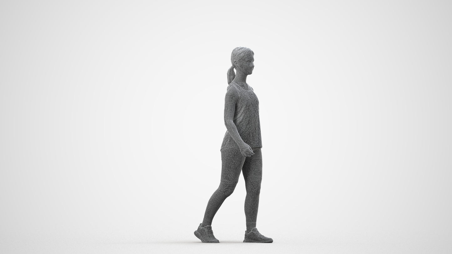 3D scanned girl walking sport, photorealistic archviz people for Enscape and SketchUp, wireframe side view