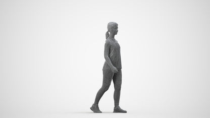 3D scanned girl walking sport, photorealistic archviz people for Enscape and SketchUp, wireframe side view