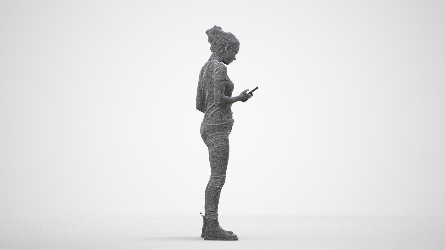 photogrammetry 3D woman casual standing, realistic human model archviz FBX, wireframe side view