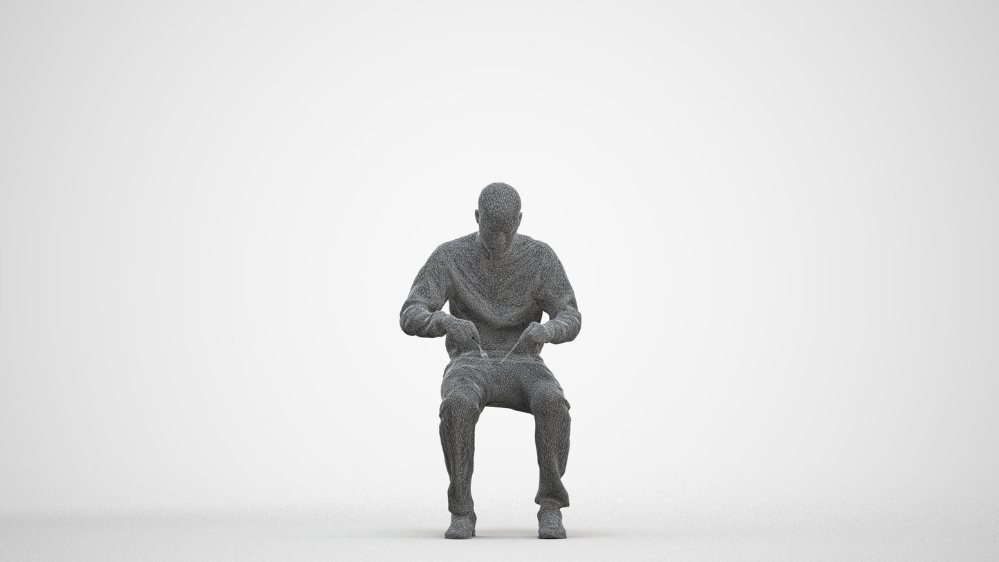 3D human model man casual sitting, photogrammetry scanned person for archviz, three-quarter front view render
