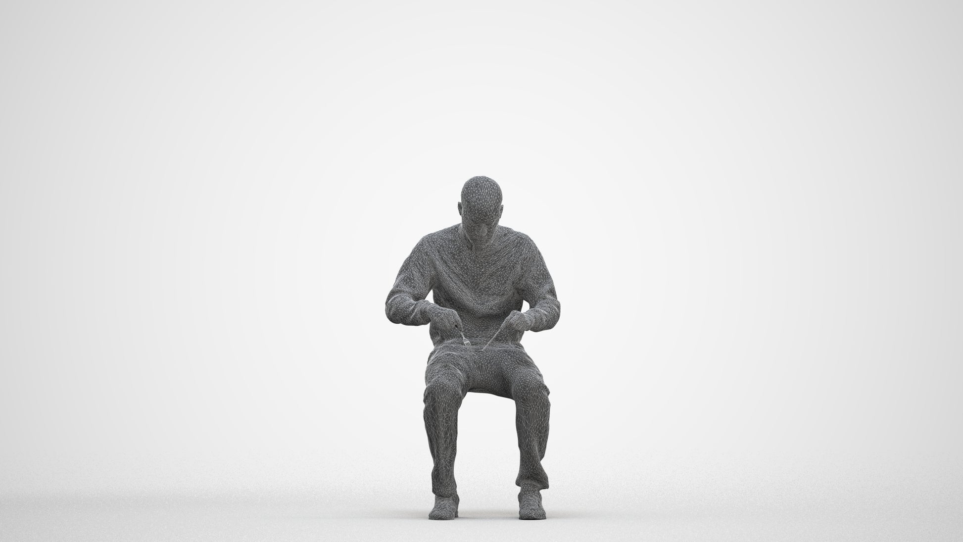 3D human model man casual sitting, photogrammetry scanned person for archviz, three-quarter front view render