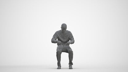 3D human model man casual sitting, photogrammetry scanned person for archviz, three-quarter front view render