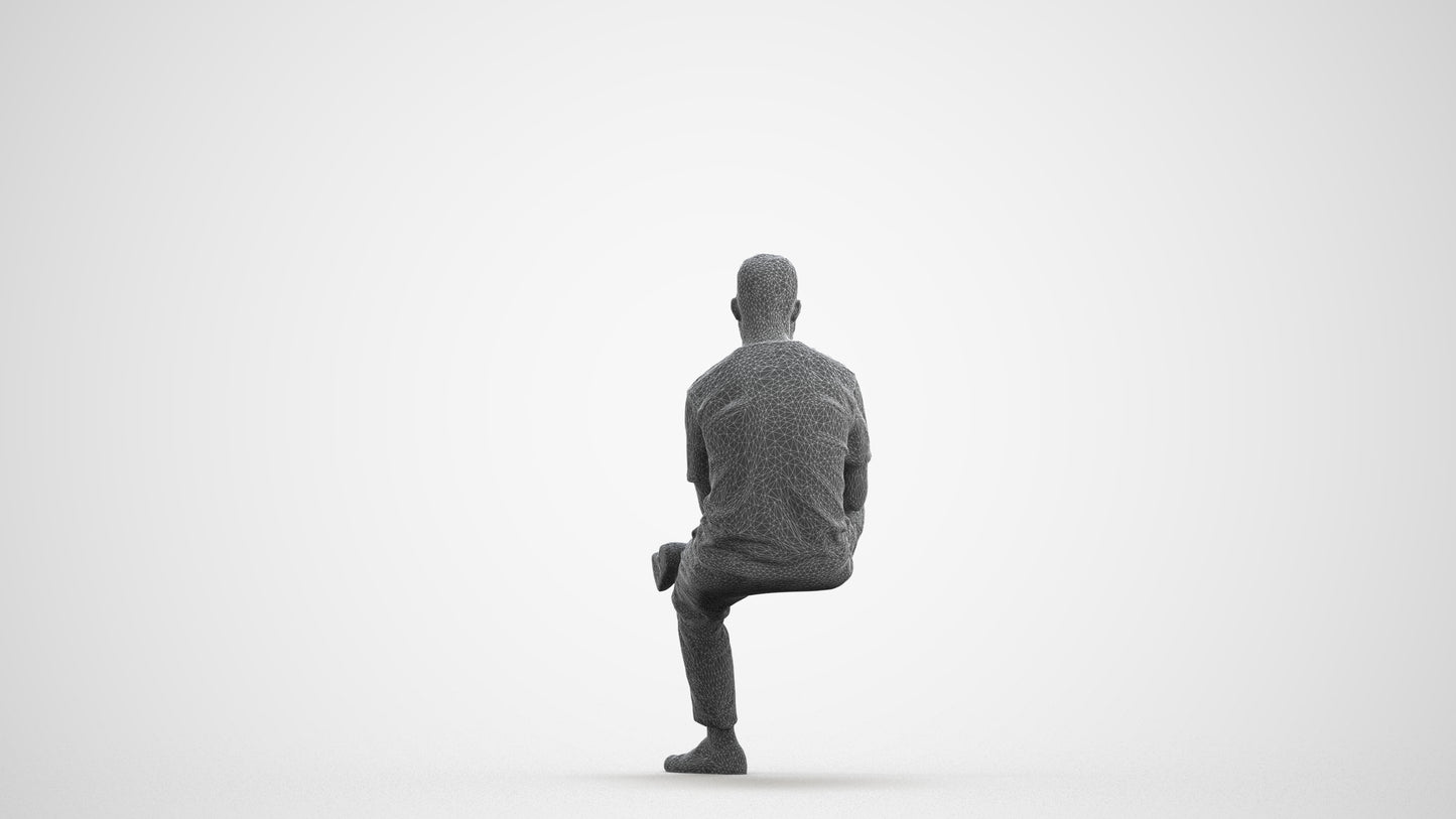 photogrammetry 3D man casual sitting, realistic human model archviz FBX, wireframe front view