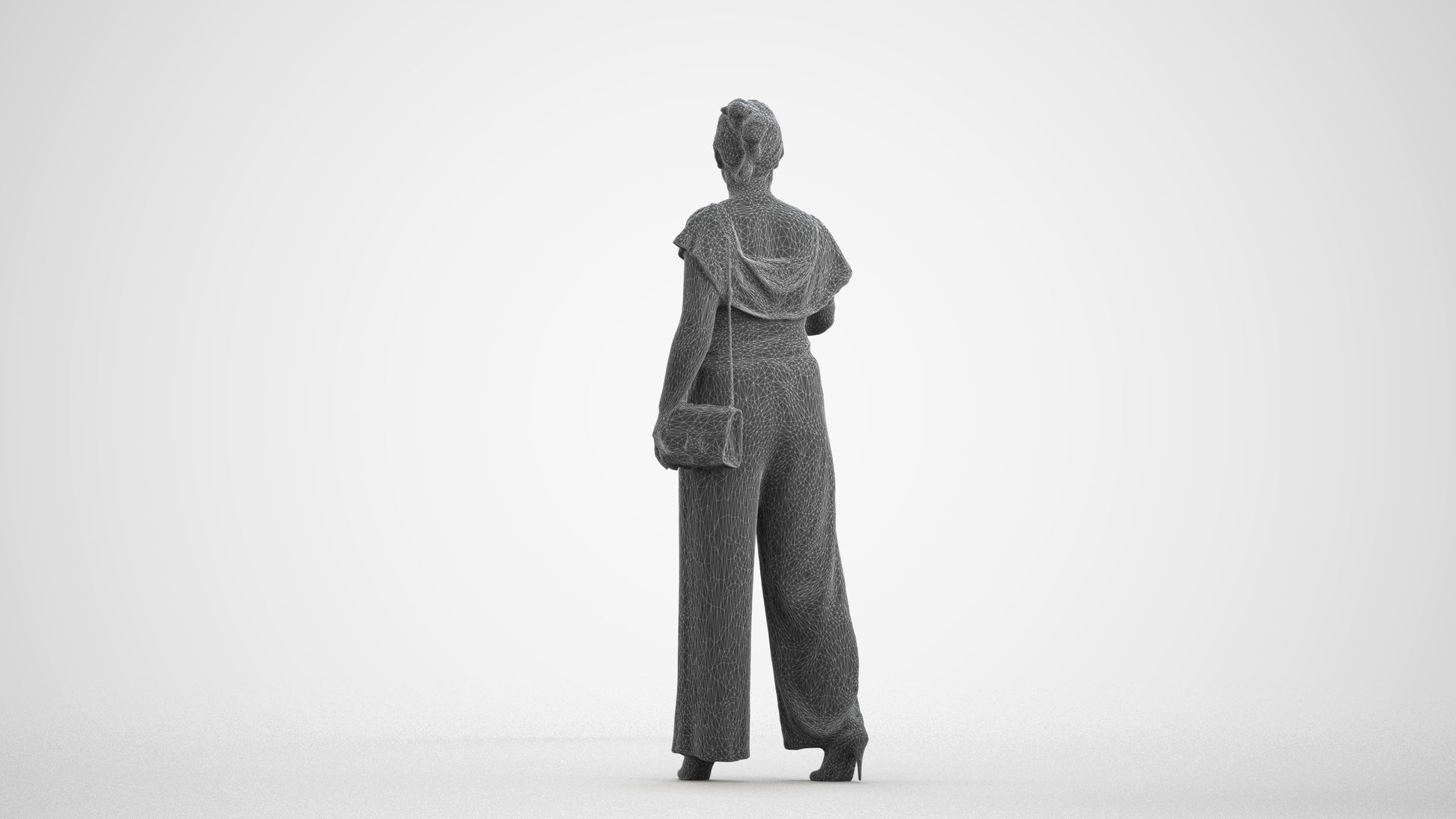 realistic 3D woman casual standing, scanned archviz people for Blender and 3ds Max, wireframe front view
