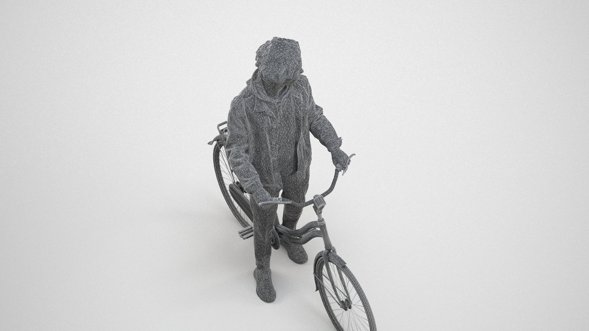 3D human model man casual cycling, photogrammetry scanned person for archviz, wireframe three-quarter view