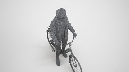 3D human model man casual cycling, photogrammetry scanned person for archviz, wireframe three-quarter view